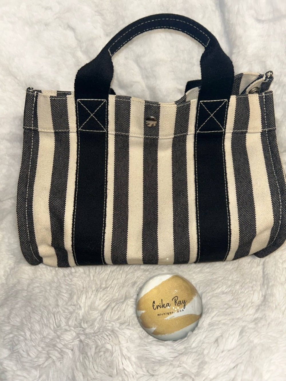 Hermes Black & White Striped Canvas Tote Bag - Picture 11 of 16